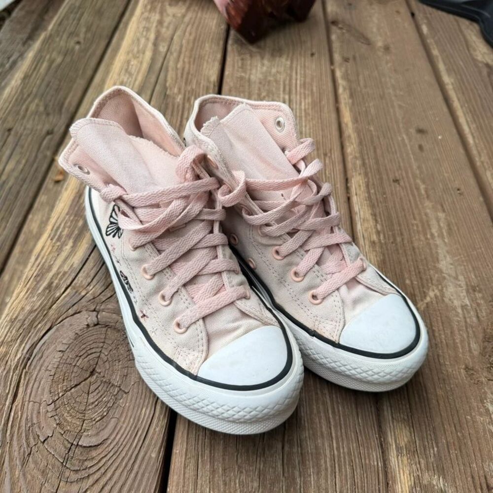 Converse All Star Youth Size 3 Pink Butterfly Embroidered High Top Sneakers
